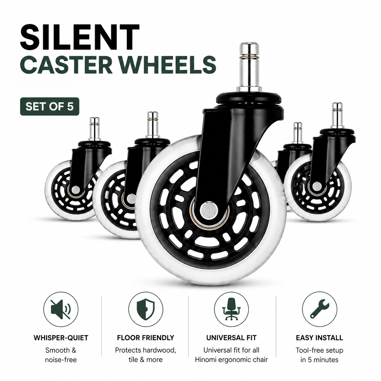 Hinomi Silent Wheels (Set of 5) - Quiet & Smooth-Gliding Replacement Casters for Chairs