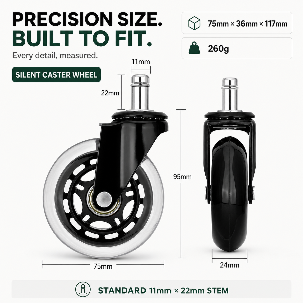 Hinomi Silent Wheels (Set of 5) - Quiet & Smooth-Gliding Replacement Casters for Chairs